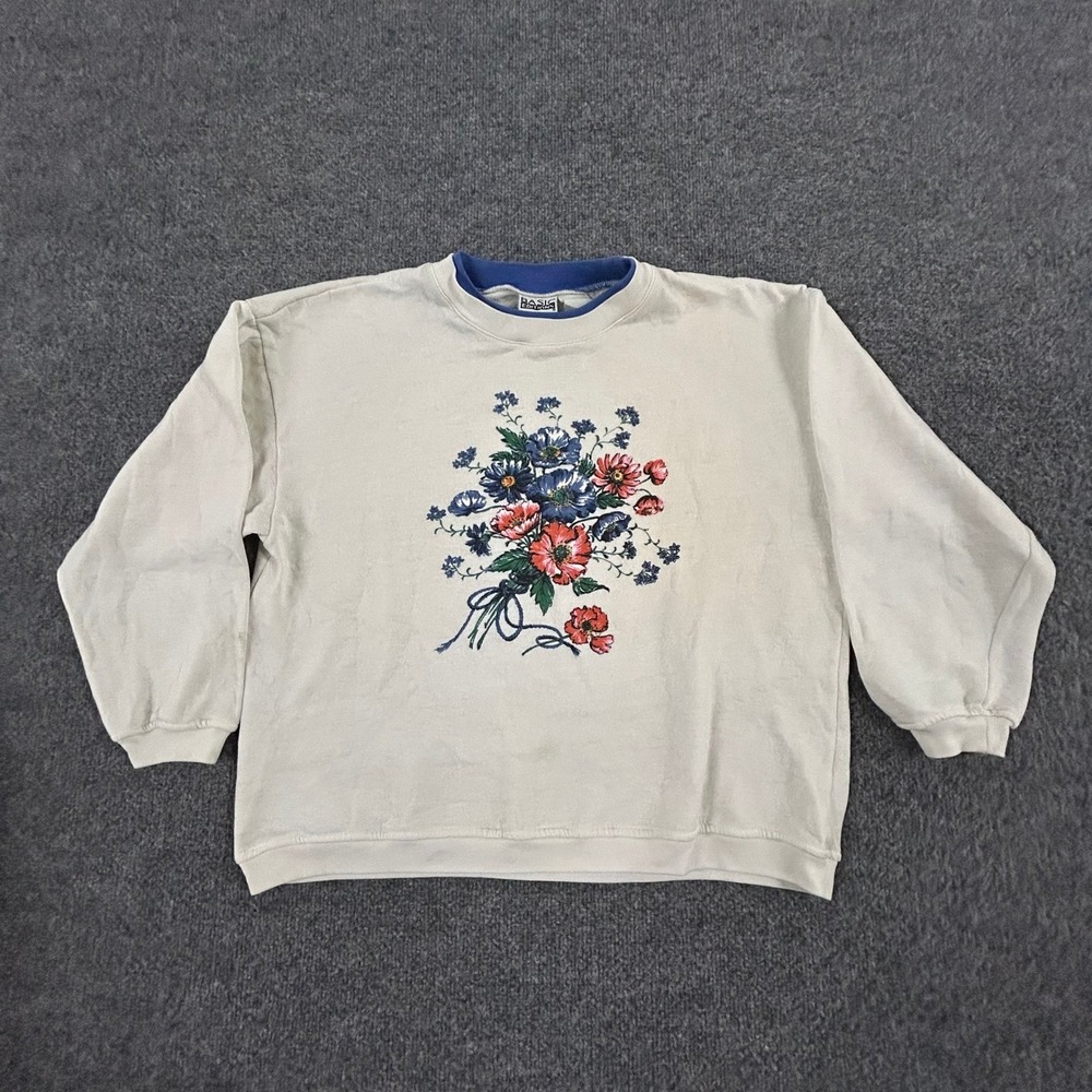 Basic Editions Sweatshirt Womens Size M Beige Floral Graphic Crewneck L/S